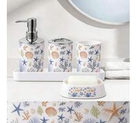 Shein Juego de baño con tema de conchas marinas y caracoles de océano fresco de 4/5/9 piezas, dispensador de jabón de manos, portacepillos de dientes, jabon