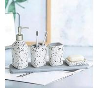 Shein Juego de baño de cerámica de mármol de 4 piezas en blanco crema y gris oscuro (brillante), adecuado para la decoración del hogar y el baño, también ad