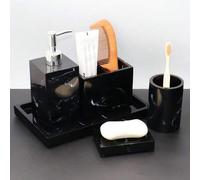 Shein Juego de baño de poliresina que incluye dispensador de jabón, soporte para cepillo de dientes, jabonera, vaso, bandeja, estante para peine para decora