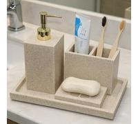 Shein Juego de baño de resina, que incluye dispensador de jabón, portacepillos de dientes, vaso de enjuague, jabonera, bandeja, estante para peine, etc. Acc