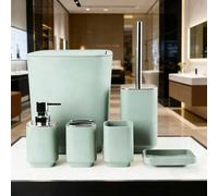 Shein Juego de baño verde claro Morandi, que incluye papelera, cepillo de inodoro, dispensador de jabón de manos, portacepillos de dientes, vaso para enjuag