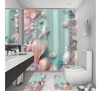 Shein Juego de cortina de ducha de mar profundo surtido de 1/4, juego de baño decorativo que incluye cortina de ducha, alfombra antideslizante, tapa de inod