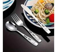 Shein Juego de cubertería personalizado de 3 piezas de acero inoxidable - Nombre personalizado, diseño minimalista de cuchara, tenedor y cuchillo de acero i