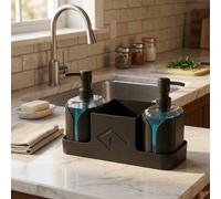 Shein Juego de Dispensador de Jabón de Cocina 3 en 1 con Soporte para Esponja, Organizador de Encimera Negro Mate para Jabón de Platos y Loción para Manos,