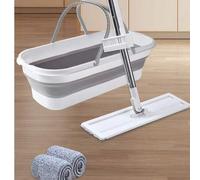 Shein Juego de fregona plana giratoria de 360° para limpieza del hogar - Limpiador de piso sin manos y que se exprime solo, incluye 1/2 almohadillas de micr