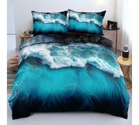 Shein Juego de funda nórdica con estampado de olas oceánicas 3D, 2/3 piezas, degradado azul y blanco, patrón de salpicaduras dinámicas (Tamaño: 135x200cm, i