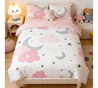 Shein Juego de funda nórdica de 2/3 piezas con estampado digital de estrellas y luna rosa, juego de ropa de cama de poliéster con dibujos animados lindos pa