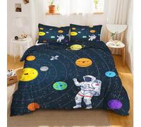 Shein Juego de funda nórdica de 2/3 piezas con temática de astronauta espacial, juego de ropa de cama con estampado de sistema solar de dibujos animados lin