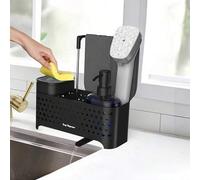 Shein Juego de jabón líquido de manos y jabón para platos de cocina, dispensador de jabón de doble uso con soporte para esponja y estante para paños, diseña