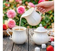 Shein Juego de Jarra de Crema y Azucarero Vintage con Taza de Café, Jarra de Leche de Cerámica Blanca con Relieve, Azucarero con Tapa & Taza de Té, Vajilla