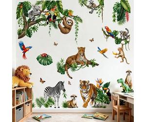 Shein Juego de Pegatinas de Pared de Jungla Safari - Leopardo Tigre Cebra Mono Pájaros Calcomanías de Pared Despegables y Adhesivas Decoración de Pared Inte