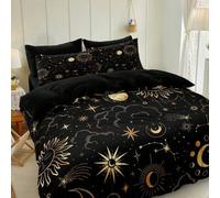 Shein Juego de ropa de cama con estampado de sol y luna en negro y dorado, juego de funda nórdica estilo bohemio, estampado de luna y estrella dorada de 3 p