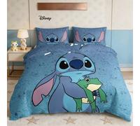 Shein Juego de ropa de cama con estampado de Stitch abrazando una rana azul, de 3 piezas que incluye funda nórdica y fundas de almohada, adecuado para todas