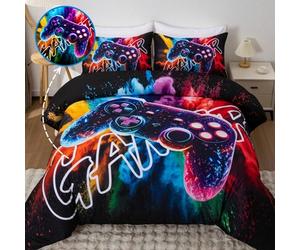 Shein Juego de ropa de cama de 3 piezas con consola de juegos cool, compuesto por 1 funda nórdica y 2 fundas de almohada, hecho de tela de fibra de poliéste