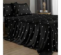 Shein Juego de ropa de cama de 4 piezas con patrón de corazón negro, incluye 1 sábana ajustable, 1 sábana plana y 2 fundas de almohada, no incluye rellenos