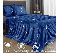Shein Juego de ropa de cama de 4 piezas con patrón de luna azul y estrellas, juego de ropa de cama suave y fácil de cuidar, juego de sábanas ajustadas con p