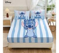 Shein Juego de sábana ajustada y 2 fundas de almohada con tema de océano a rayas azul, con diseño gráfico de Stitch con los brazos levantados, 3 piezas