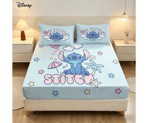 Shein Juego de sábana ajustada y 2 fundas de almohada Disney 3 piezas con estampado de Stitch divertido y cita "Diversión bajo el sol" en color azul claro f