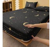 Shein Juego de sábanas ajustadas de 2/3 piezas con patrón de estrellas y luna negras (sin relleno), juego de ropa de cama para dormitorio, material de micro