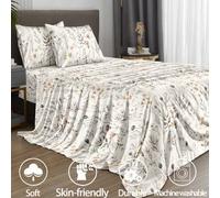 Shein Juego de sábanas de 4 piezas/set con diseño de hojas, ramas y flores en estilo bohemio, de microfibra suave y de fácil cuidado, con 1 sábana encimera,