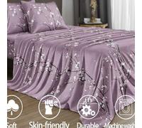Shein Juego de sábanas de 4 piezas/set con estampado de ramas de flores de ciruelo morado. Juego de ropa de cama de microfibra suave y de fácil cuidado que