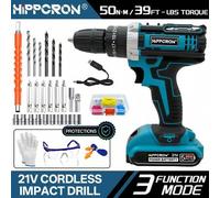Shein Juego de taladro de impacto inalámbrico HIPPCRON de 21V, 50N.M de par, 25+3 ajustes de par, portabrocas sin llave de 3/8", luz LED, batería de carga r