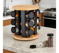 Shein Juego de tarros de especias giratorios de madera de 3 niveles para utensilios de cocina, estante para condimentos multifuncional, contenedor de especi