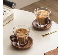 Shein Juego de tazas de café de vidrio con mango de madera y funda aislante