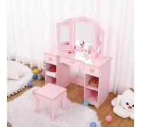 Shein Juego de tocador y silla para niños, tocadores infantiles de madera con espejo triple plegable, escritorio infantil, tocador de niña para habitación i