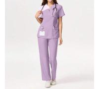 Shein Juego de uniforme de uso médico, camiseta de manga corta con bloques de color y bolsillos y pantalones para mujeres, conjunto de ropa médica de 2 piez