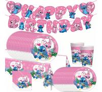 Shein Juego de vajilla con tema de Stitch rosa de 51 piezas, sirve para 10 personas, incluye platos de papel, vasos, servilletas, adecuado para cumpleaños,