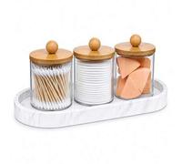 Shein Juego organizador de encimera de tocador de baño, tarros de boticario con bandeja para hisopos, soporte para bolas de algodón, contenedor para discos