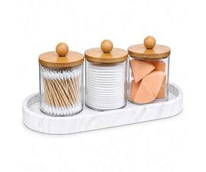 Shein Juego organizador de encimera de tocador de baño, tarros de boticario con bandeja para hisopos, soporte para bolas de algodón, contenedor para discos