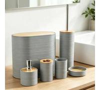 Shein Juegos de baño modernos y sencillos, juego de accesorios de baño de 4/6 piezas, juego de lavado con tapa de bambú con rayas transversales, artículos d