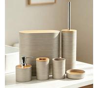 Shein Juegos de baño modernos y sencillos, juego de accesorios de baño de 4/6 piezas, juego de lavado con tapa de bambú con rayas transversales, artículos d
