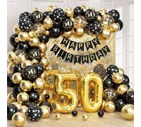 Shein Kit de arco de globos para 50º cumpleaños negro y dorado de 100 piezas con globos de película de aluminio número 50 de 32" para hombres y mujeres, dec