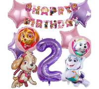 Shein Kit de decoración para fiesta de cumpleaños con temática de Paw Patrol de 10 piezas, pancarta de feliz cumpleaños rosa y morada de Skye & Everest, glo