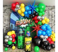Shein Kit de guirnalda de arco de globos de látex en rojo, azul, amarillo, verde y negro con 2 globos de lámina en forma de estrella para decoración de fies