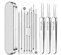 Shein Kit de herramientas para puntos negros y acné de 11/9/4/3/2/1 pieza con estuche de almacenamiento portátil, pinzas de acero inoxidable, extractor de g