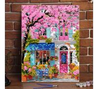 Shein Kit de pintura acrílica DIY para adultos - Sakura y Cottage, set de pintura al óleo artística para decoración de dormitorio y pared, pintura simple y