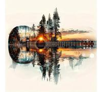 Shein Kit de pintura de diamantes 5D - Paisaje de bosque con guitarra y puesta de sol redonda de acrílico - Juego de arte de perforación completa, decoració