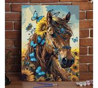 Shein Kit de pintura digital al óleo acrílica DIY para adultos - sin marco 16x20 ", diseño de decoración de caballo con mariposa azul y escenas de girasol,