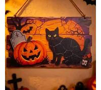 Shein Letrero colgante de madera de gato negro y calabaza de Halloween, placa de puerta vintage, decoración de pared para porche y días festivos