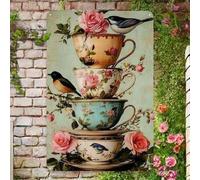 Shein Letrero de metal con taza de té con diseño floral vintage - Arte de pared rústico con rosas rosadas y pájaros azules, placa de hierro para decoración