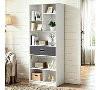 Shein Librería alta independiente con 7 compartimentos abiertos y 1 cajón de tela para salón, dormitorio u oficina, color blanco, 60 cm (ancho) x 24 cm (pro