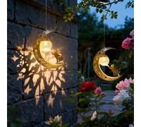 Shein Luz colgante solar de gato vintage con luna, farol de bola de vidrio craquelado con LED, decoración exterior impermeable con patrón de corte de estrel