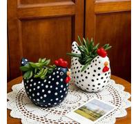 Shein Maceta de resina con forma de pollo en blanco y negro, diseño de gallina y gallo, maceta decorativa con patrón de puntos para interior/exterior, set d