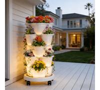 Shein Maceta vertical apilable de 5 niveles con autorriego y ruedas, maceta de jardín móvil de 3 hojas para fresas, hierbas, flores y verduras, maceta decor
