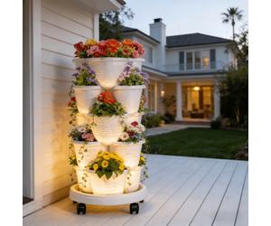 Shein Maceta vertical apilable de 5 niveles con autorriego y ruedas, maceta de jardín móvil de 3 hojas para fresas, hierbas, flores y verduras, maceta decor