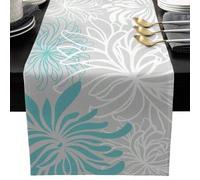 Shein Mantel De Lino Con Flores De Crisantemo Acuático, Caminos De Mesa / Bufandas Para Cómodas Con Decoración De Mesa En Verde Turquesa. Decoraciones Para